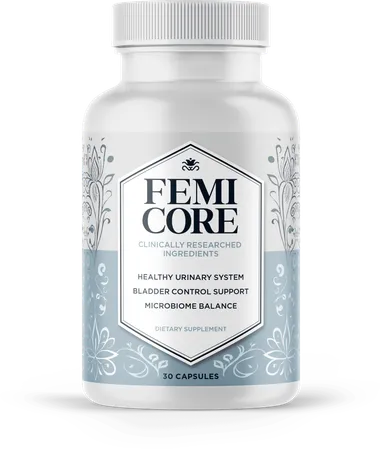 FemiCore bladder support supplement bottle showing the front label with 30 capsules