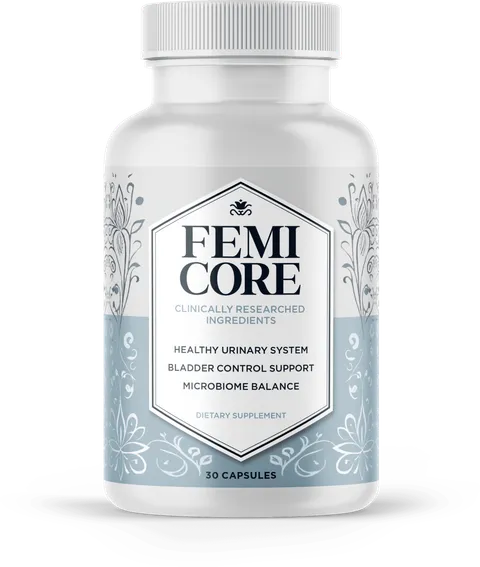 FemiCore bladder support supplement bottle showing the front label with 30 capsules