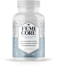 FemiCore bladder support supplement bottle showing the front label with 30 capsules